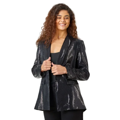Image of Roman Womens Sequin Shawl Collar Blazer Black Size 16 UK