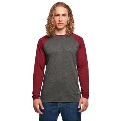 Image of Build Your Brand Men&#039;s Contrast Raglan Long Sleeved Shirt T, Charcoal/Cherry, XL
