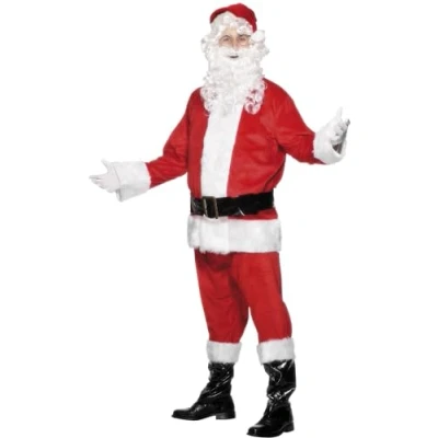 Image of Smiffys Deluxe Santa Costume, Red Jacket, Trousers, Belt, Hat, Boot Covers &amp; Beard, Christmas Adult Fancy Dress, Dress Up Costumes