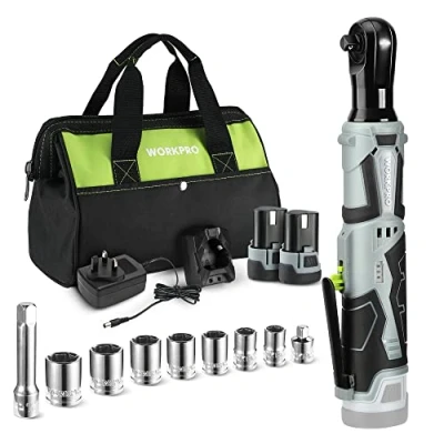 Image of WORKPRO Cordless Ratchet Wrench Set, 3/8&quot; with 7 Sockets, Extension Bar &amp; Drive Adapter, 1H Fast Charger, 12V Powered 55N.m 2 Pack 2.0Ah Lithium Ion Battery