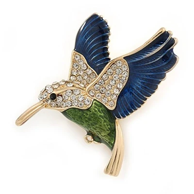 Image of Avalaya Multicoloured Crystal Hummingbird Brooch in Gold Plated Metal 40mm