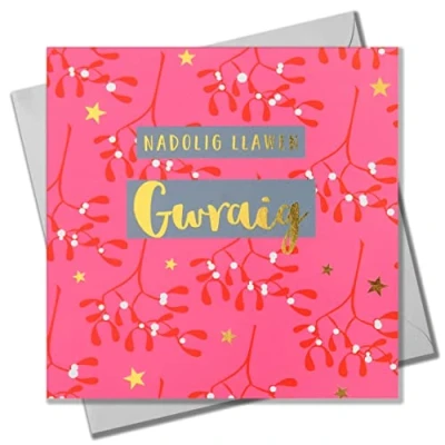 Image of Welsh Christmas Card, Gwraig, Wife Pink Mistletoe, text foiled in shiny gold