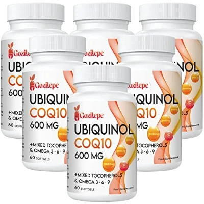 Image of Ubiquinol CoQ10 600mg Softgels with Omega 3, 6, 9 &amp; Vitamin E, 30 Servings Coenzyme Q10 (Active Antioxidant Form) for Higher Absorption, Heart Health Energy Production, 60 Count(Pack of 6)