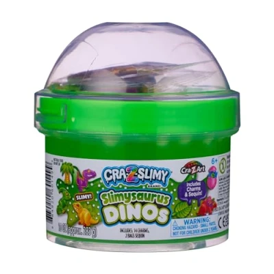 Image of Cra Z ART Slimy Topper Jars Slimysaurus Dino Pre made slime with dinosaur themed puffy charms and sequins