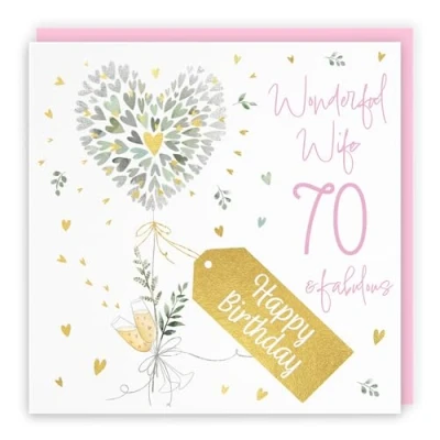 Image of Hunts England 70th Wife Contemporary Hearts Birthday Card Luxury Gold Foil Milo&#039;s Gallery Age 70 Champagne, Pretty For Seventy Fabulous Pink Envelope
