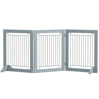 Image of PawHut Freestanding Pet Gate Stair Gates for Dogs Foldable Wooden Dog with 2 Support Feet, 61 cm Tall, Doorways Hallways Staircases, Small Grey