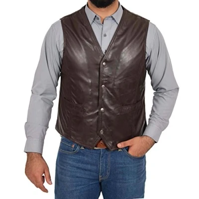 Image of A1 FASHION GOODS Mens Soft Brown Leather Waistcoat Classic Traditional Style Gilet Casual Vest Bruno (Large)