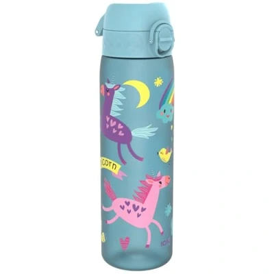 Image of Ion8 500ml Water Bottle, BPA Free, Leakproof, Dishwasher Safe, Easy Open, Secure Lock, Clear Drinks Bottle for Boys &amp; Girls, Small Gym Sports Drinking 500ml, Blue, Unicorns Design