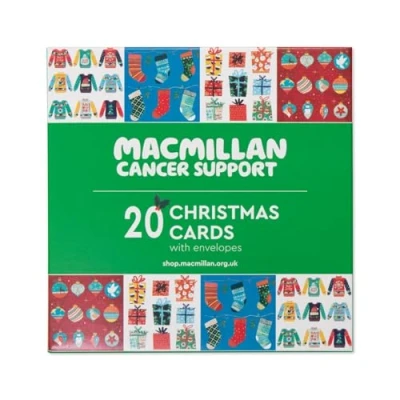 Image of Macmillan Festive Fun Charity Christmas Cards Pack of 20 Luxury and Eco Friendly Cards. Boxed Multipack 4 Seasonal Designs. 127x127mm Card Size.