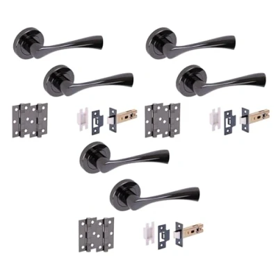 Image of HANDLEZONE® 3 Sets Zena Internal Door Handles on Rose Lever Latch Packs with Ball Bearing Hinges Black Nickel
