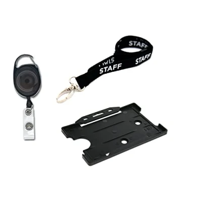 Image of Staff Lanyard Neck Strap with Safety Breakaway 15mm, Badge Pass ID Card Holder Credit Size and Retractable Keyring Premier YoYo Reel (Black Metal)