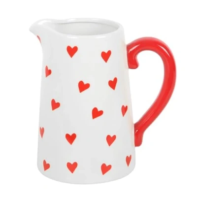 Image of Valentine&#039;s Day White Flower Jug with Heart Print &amp; Red Handle Charming Decorative Vase for Blooms, Seasonal Décor, Elegant Centerpiece Hand Wash Only, Not Food or Drink Use