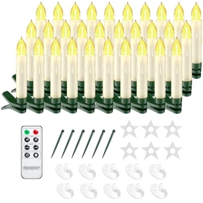Image of Monzana® 30x LED Christmas Candles Tree Fairy Lights Wireless, Timer, Remote Control Battery Powered Simple Clip On 5 Settings Including Flicker, Dimmable Warm White