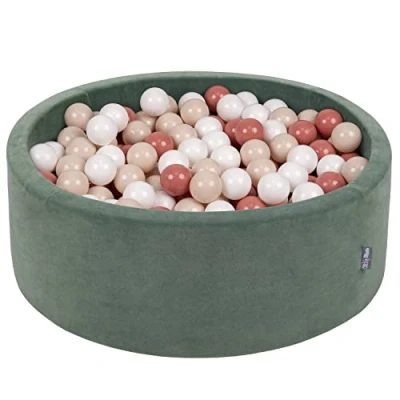 Image of KiddyMoon Soft Ball Pit Round 90X30cm/300 Balls ∅ 7Cm / 2.75In For Kids, Foam Velvet Pool Baby Playballs, Made In EU, Forest Green:Pastel Beige/Salmon Pink/White