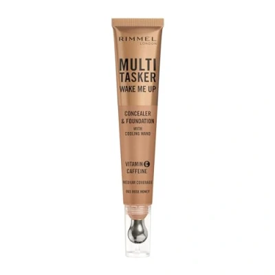 Image of Rimmel Multi Tasker Wake Me Up Foundation &amp; Concealer 065 Rose Honey, Depuffs Brightens Dark Circles, Metallic Cooling Applicator, Caffeine Victamin C, 2% Niacinamide, Vegan, Cruelty free
