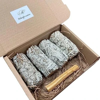 Image of MIDNIGHT MANTRA Organic White Sage Smudge Sticks &amp; Palo Santo Stick Bundle Kit Gift Home Energy Cleansing Beginner Natural Incense