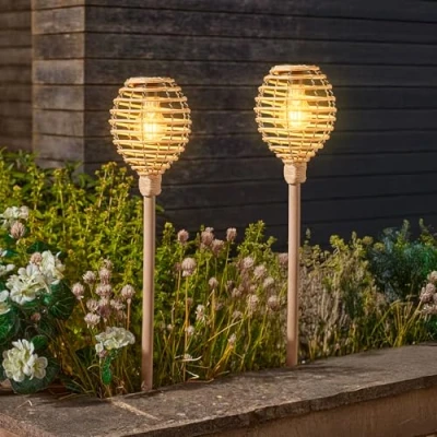 Image of Garden Mile Set of 2 70cm Rattan Solar Lights Outdoor Waterproof Tall Stake Light for Pathway Lighting Ideal Patio Yard Flowerbeds Driveway