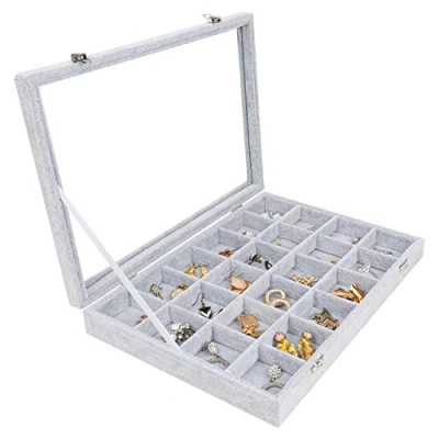 Image of BELLE VOUS Velvet Jewellery Box Earring Storage Organiser with 24 Grids &amp; Clear Glass Lid Grey Display Case for Rings, Earrings, Charms, Pendants