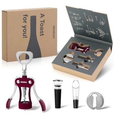 Image of Wine Opener Gift Set Premium Wing Corkscrew Bottle with Multifunctional Bottles Opener, Foil Cutter, Vacuum Stopper, Aerator Pourer Upgrade for Lovers Man Woman