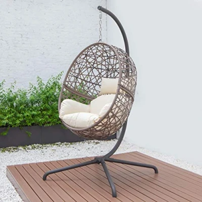 Image of Harrier Hanging Egg Chair Swing 2 Sizes Indoor Outdoor Patio Garden Freestanding Rattan With Stand (Single Seat Only, Brown/Cream)