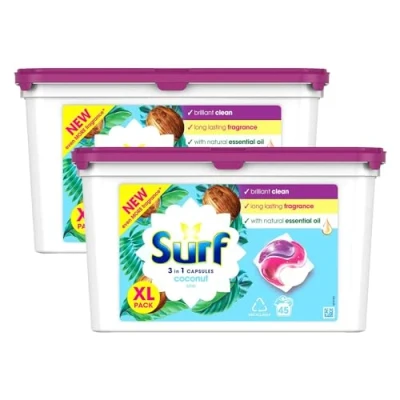 Image of Surf 3 in 1 Washing Detergent Capsules Coconut Bliss Long Lasting Fragrance and Made with Natural Essential Oil Laundry XL Pack, 45 Washes (Pack of 2)
