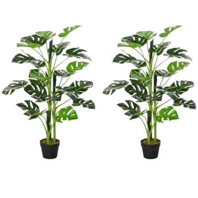 Image of Outsunny 100cm/3.3FT Artificial Monstera Tree Decorative Cheese Plant 21 Leaves with Nursery Pot, Fake Tropical Palm for Indoor Outdoor Décor, Set of 2