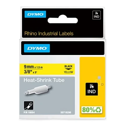 Image of DYMO Rhino Industrial Heat Shrink Cable Label Tubes 9 mm x 1.5 m Black on Yellow for Makers