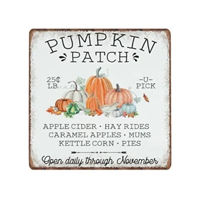 Image of DAIERCY Vintage Metal Tin Signs Fall Autumn Pumpkin Sign Patch Funny Retro Kitchen Outdoor Garage Man Cave Home Decor Wall Art 30x30 cm