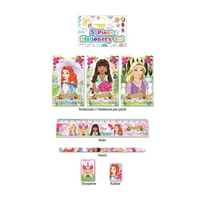 Image of 5 Piece Stationery Set Pencil, Sharpener, Rubber, Ruler, Notepad (Princess)