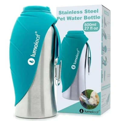 Image of LumoLeaf Portable Dog Water Bottles 800ml, Stainless Steel Pet Travel Bottle Dispenser for Walking, Hiking and Outdoor, Bowl Large Dogs (Blue)