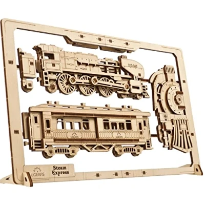 Image of UGEARS 2.5D Framed Steam Express Classic Train Wood Model Kit with Movable Wheels, Mechanisms &amp; Doors Wooden Puzzle Kits for Adults Home and Office Decor