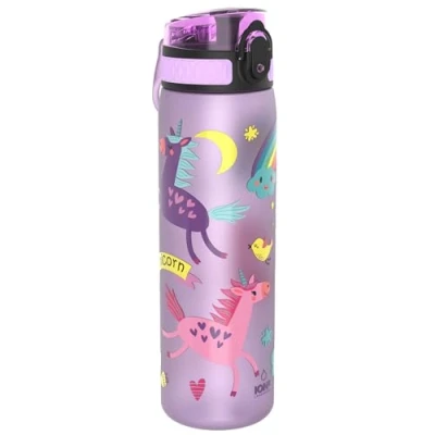 Image of Ion8 Water Bottle, 500 ml/18 oz, Leak Proof, Easy to Open, Secure Lock, Dishwasher Safe, BPA Free, Hygienic Flip Cover, Carry Handle, Clean, Odour Carbon Neutral, Unicorns Design