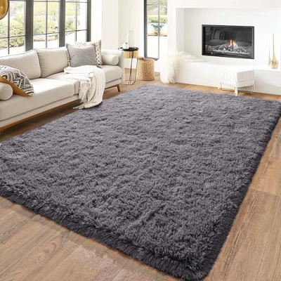 Image of Hafaa Rugs Living Room 120 x 170 Fluffy Grey Area for Bedroom Super Soft Large Shaggy Pile Non Slip Shedding Rug Modern Plush Carpet Lounge