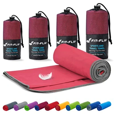 Image of Fit Flip Camping towel ultra lightweight &amp; compact microfibre quick dry sports for gym the perfect beach, travel swim (50x110cm coral grey edge)