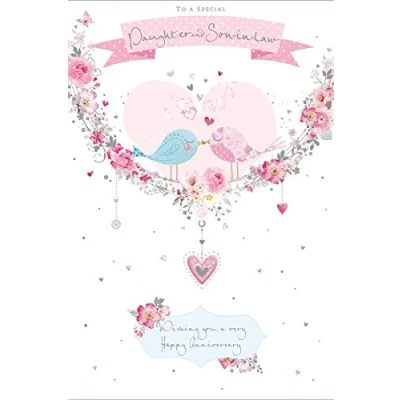 Image of Greetings Daughter &amp; Son in Law Anniversary Card Love Birds Pink Heart Silver Foil 9x6