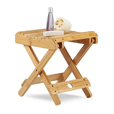 Image of Relaxdays Foldable Bamboo Bathroom Chair, Moisture Resistant, Footrest H x W D 31.5x27.5x28.5 cm, Natural