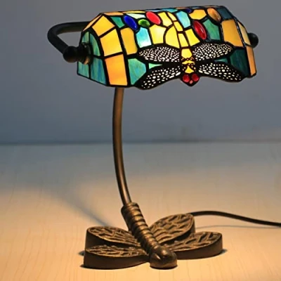 Image of Uziqueif Dragonfly Bankers Lamp, Tiffany lamps, stained glass Table Bedside Bedroom Living Room Farmhouse Hotel With Bulb