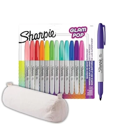 Image of Sharpie Glam Pop Permanent Markers Fine Point for Bold Details Assorted Vibrant Colours 12 Marker Pens + Cotton Case