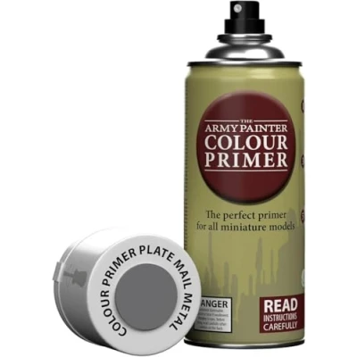 Image of The Army Painter Colour Primer Plate Mail Metal, 400 mL Acrylic Spray Primer, Paint Basecoat for Miniature Priming, Tabletop Roleplaying, Boardgames, and Wargames Modelling