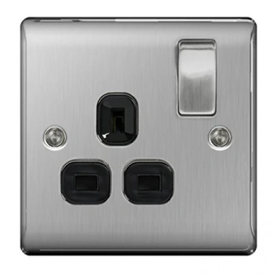 Image of BG Nexus Metal Single 13A Plug Socket,Brushed Steel Finish,Black Inserts