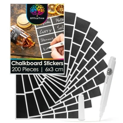 Image of OfficeTree 200 x Blackboard Stickers for Labelling, Includes 1 Chalk Pen, Black Labels, Self Adhesive Kitchen, Glasses, Bottles