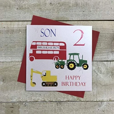 Image of White Cotton Cards Bus, Tractor, Digger, Son 2 Happy Handmade Boys 2nd Birthday Card, Ns2V