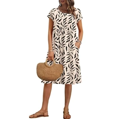 Image of AUSELILY Women&#039;s Summer Short Sleeve Knee Length Dresses Round Neck Loose Dress with Pockets Apricot Black Leaf XL
