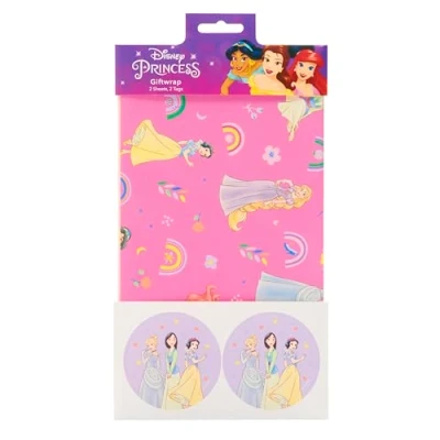 Image of UK Greetings Disney Princess Multipack of 2 Sheets Wrapping Paper &amp; Tags for Her/Girl Pink Purple Design