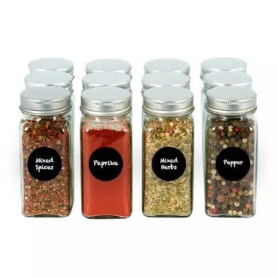 Image of Spice Jars with Shaker Lids Set of 12 Glass Storage Bottles Screw Top Herb Containers Seasoning Empty Labels