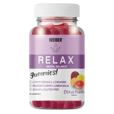 Image of Weider Relax Gummies (40 Gums) Citrus Punch Flavour. with L Theanine, Tryptophan, Passionflower and Lemon Balm extracts, Vitamin B6. Facilitates Relaxation. No Added Sugars, Gluten Free.