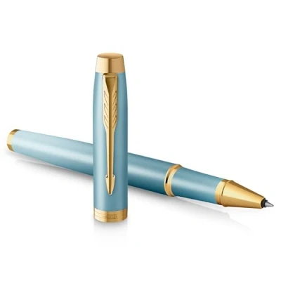 Image of Parker IM Writing Rituals Rollerball Pen, Turquoise Green Finish with Gradient, Gold Trims, Fine Point, Black Ink, Gift Box