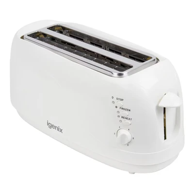 Image of Igenix IG3020 4 Slice Toaster in White, 2 Long Slots with Adjustable Browning Control, Removable Crumb Tray for Easy Cleaning, Frozen and Reheat Function, White