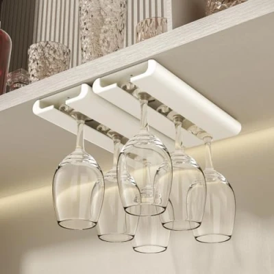 Image of Vaisoeny Wine Glass Holder, 2Pack Holder Under Cabinet, No Drilling Installation Rack, Stemware Hanging Rack for Kitchen and Bar (White)