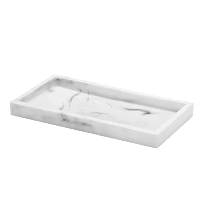 Image of Luxspire Bathroom Vanity Tray, Resin Dresser Jewelry Ring Dish Tank Storage Kitchen Sink Countertop Organizer Plate Holder for Perfume Candles Soap Towel Plant Accessories, Mini, White Marble